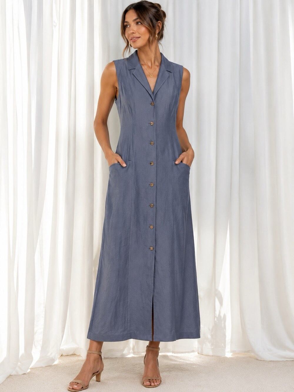 Nordstrom Bp Long Linen Blend Button Up Dress Blue Size 13 And Lined